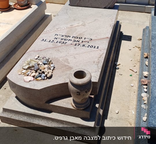מצבות עם כיתוב בעברית ואבנים קטנות מונחות עליהן